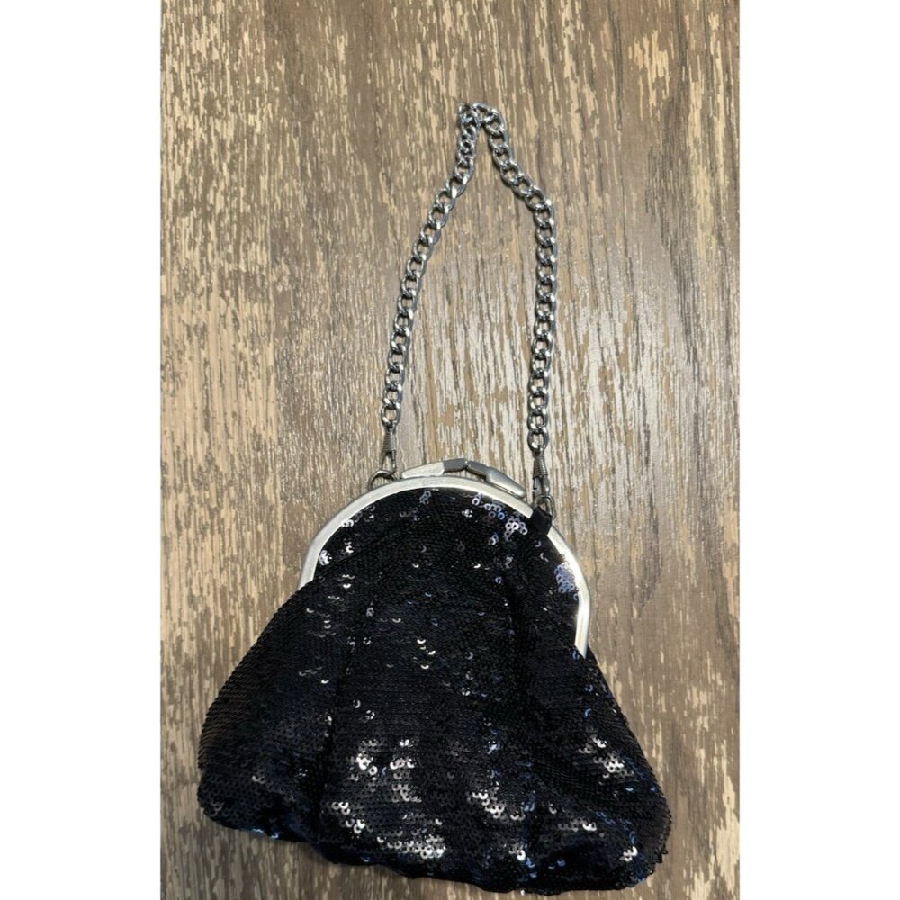 Black Sequin Silver Chain Clasp Tote Wristlet Bag 90s Y2k Whimsygoth Old Money - Picture 7 of 8
